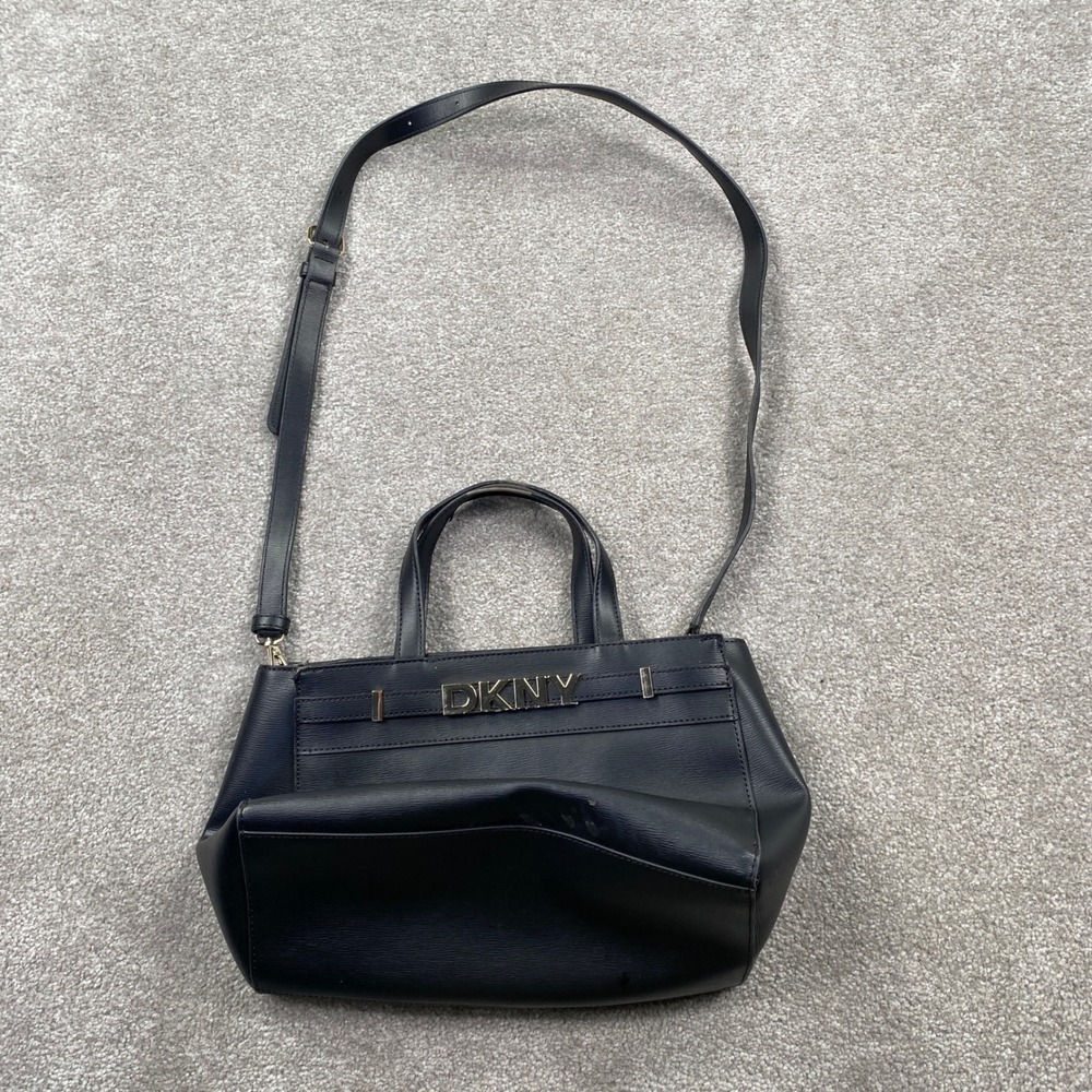 DKNY Crossbody Tote Bag Womens Medium Black Textured Faux Leather Gold Logo